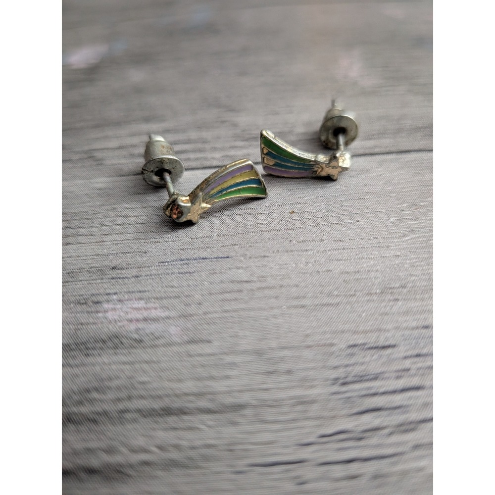 Vintage Enamel Shooting Star Stud Earrings Gold Tone Celestial Multi Color